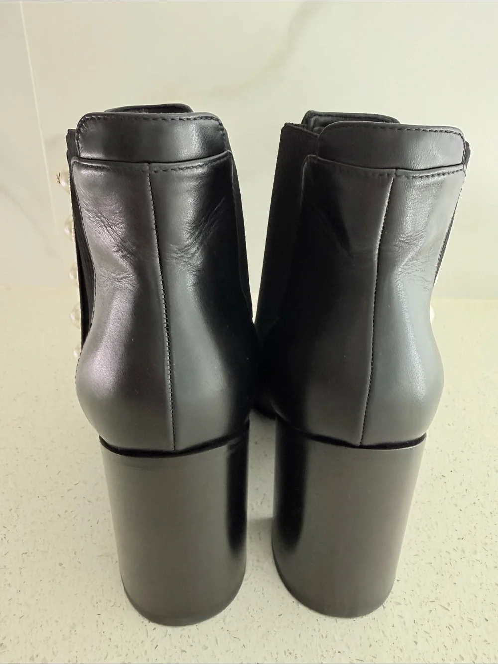 CHANEL  Coco Mark Faux-Pearl Black Leather Ankle Boots